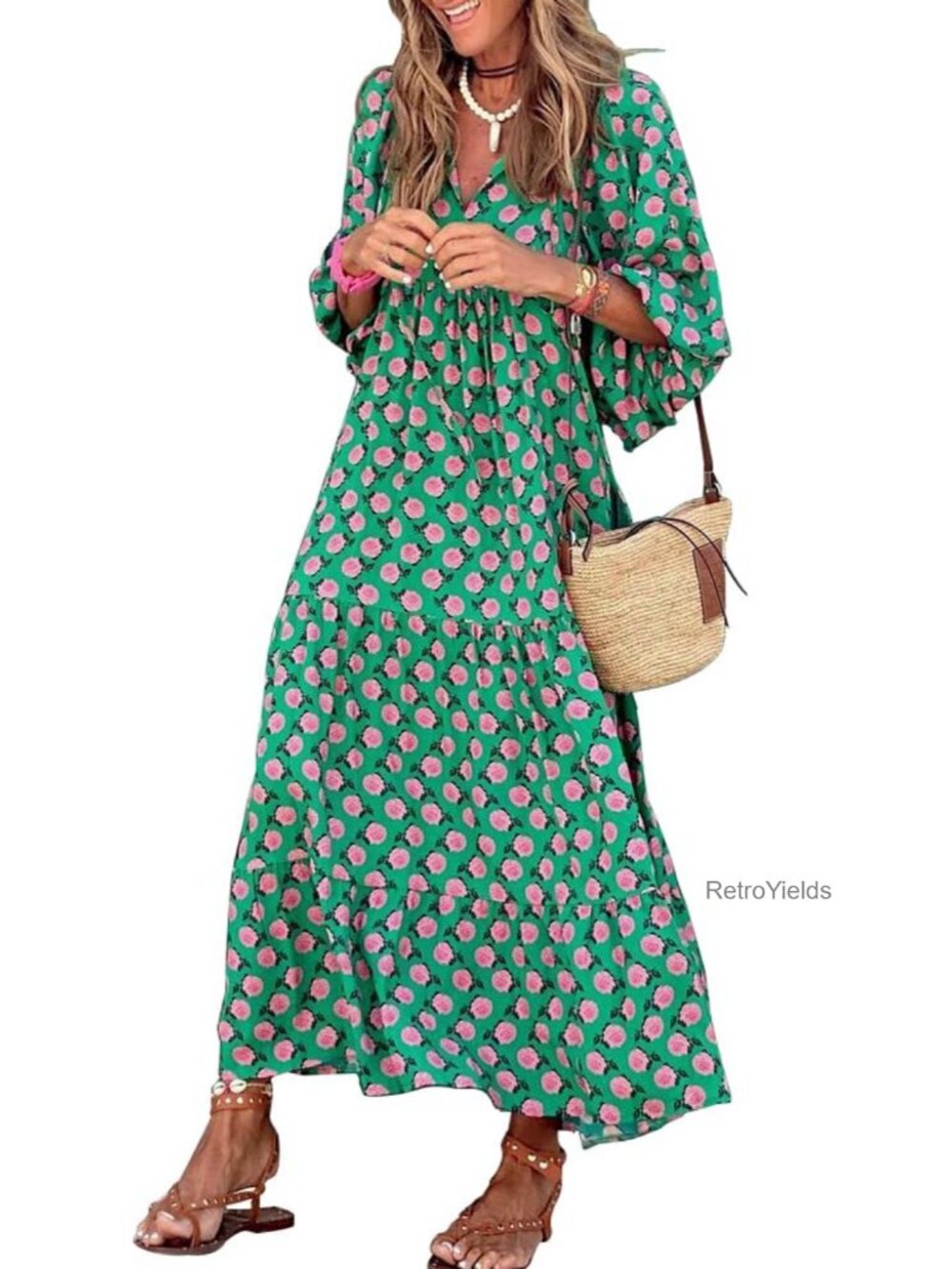 Womens Casual V Neck Half Sleeve Bohemian Geometric Maxi Dress